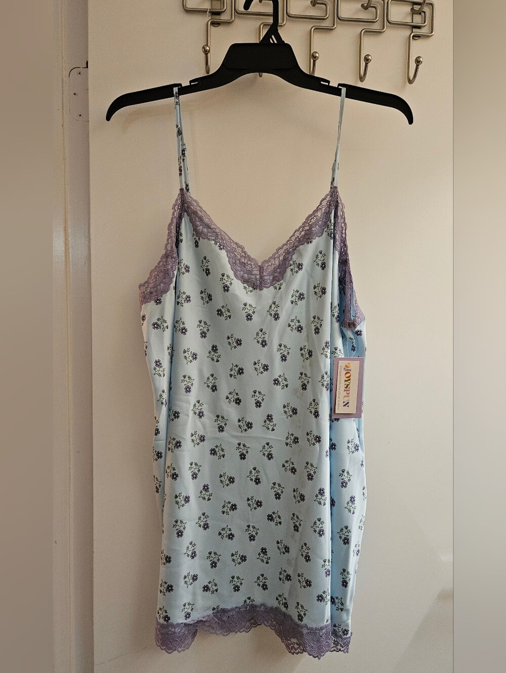 Joyspun Womens Satin Lace Chemise Size 2X 18W-20W Blue Floral Nightgown NWT